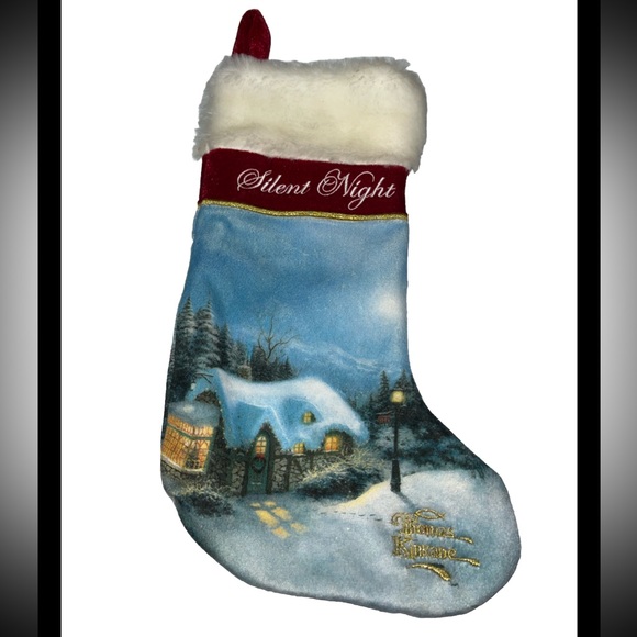 THOMAS KINKADE Silent Night Christmas Stocking Gold Embroidery 15" Satin Lining - Picture 1 of 13